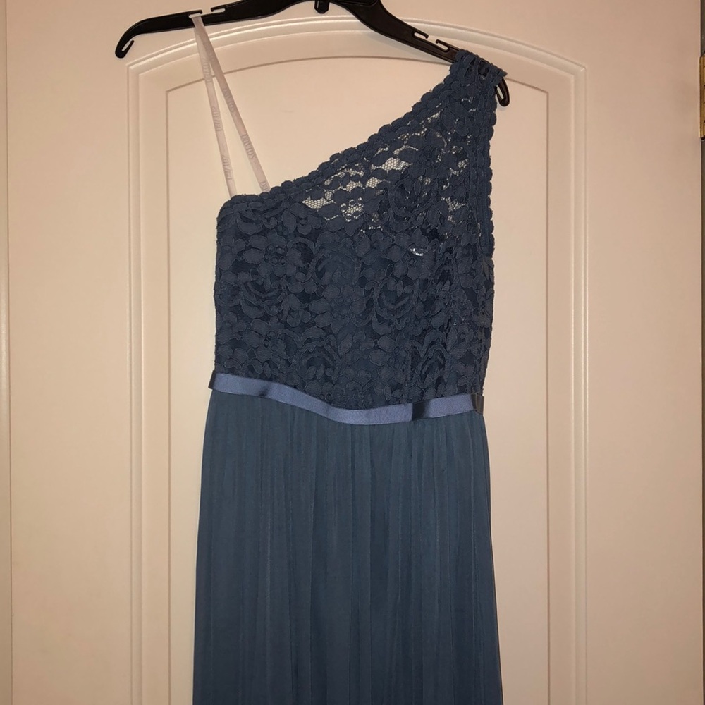 One shoulder formal dress.